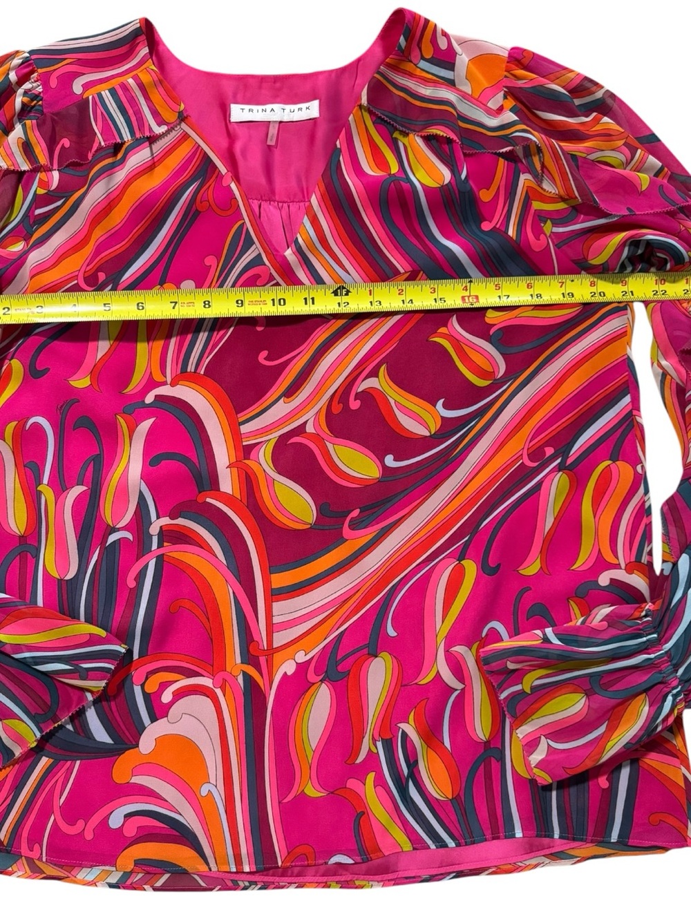 Trina Turk Silk Blouse Pink Orange Psychedelic Swirl Print Long Sleeve Size L - Picture 6 of 8